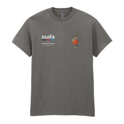 A charcoal t-shirt showing an MOD licensed Household Cavalry (King's Crown) insignia to left chest and SSAFA logo to right chest.