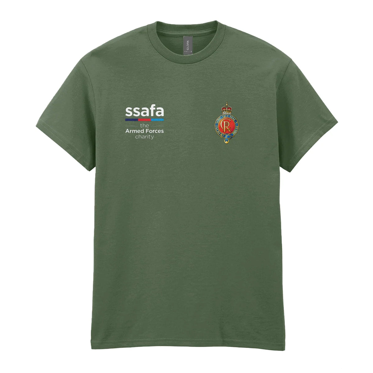 A military green t-shirt showing an MOD licensed Household Cavalry (King's Crown) insignia to left chest and SSAFA logo to right chest.