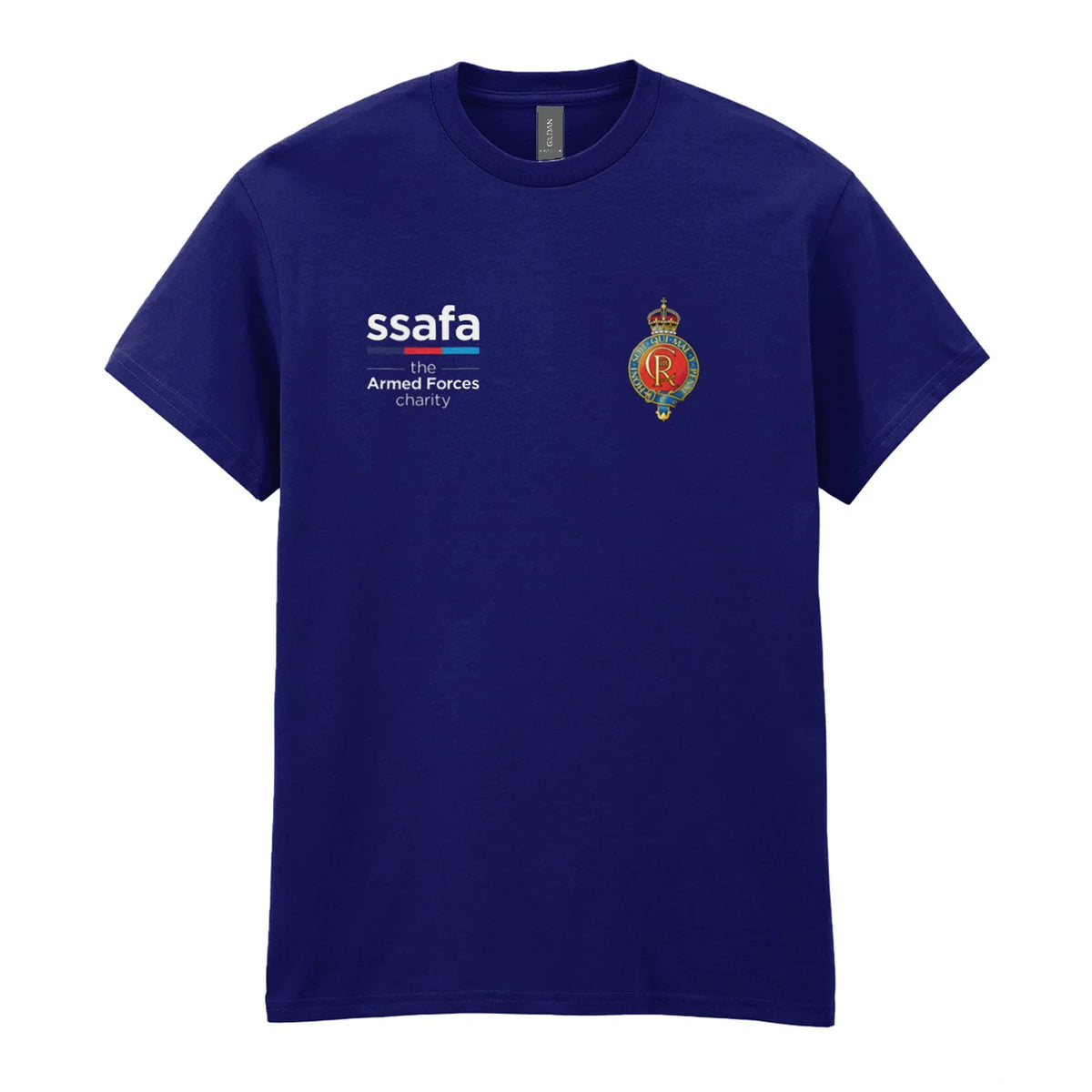 A navy t-shirt showing an MOD licensed Household Cavalry (King's Crown) insignia to left chest and SSAFA logo to right chest.