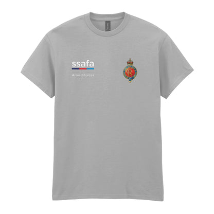 A sports grey t-shirt showing an MOD licensed Household Cavalry (King's Crown) insignia to left chest and SSAFA logo to right chest.