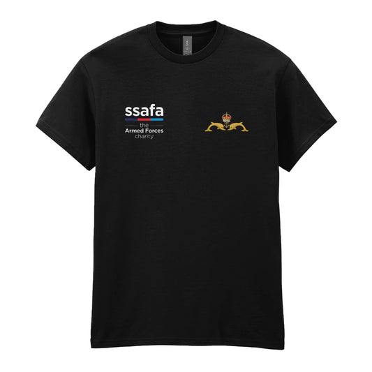 A black t-shirt showing an MOD licensed Submarine Service (King's Crown) insignia to left chest and SSAFA logo to right chest.
