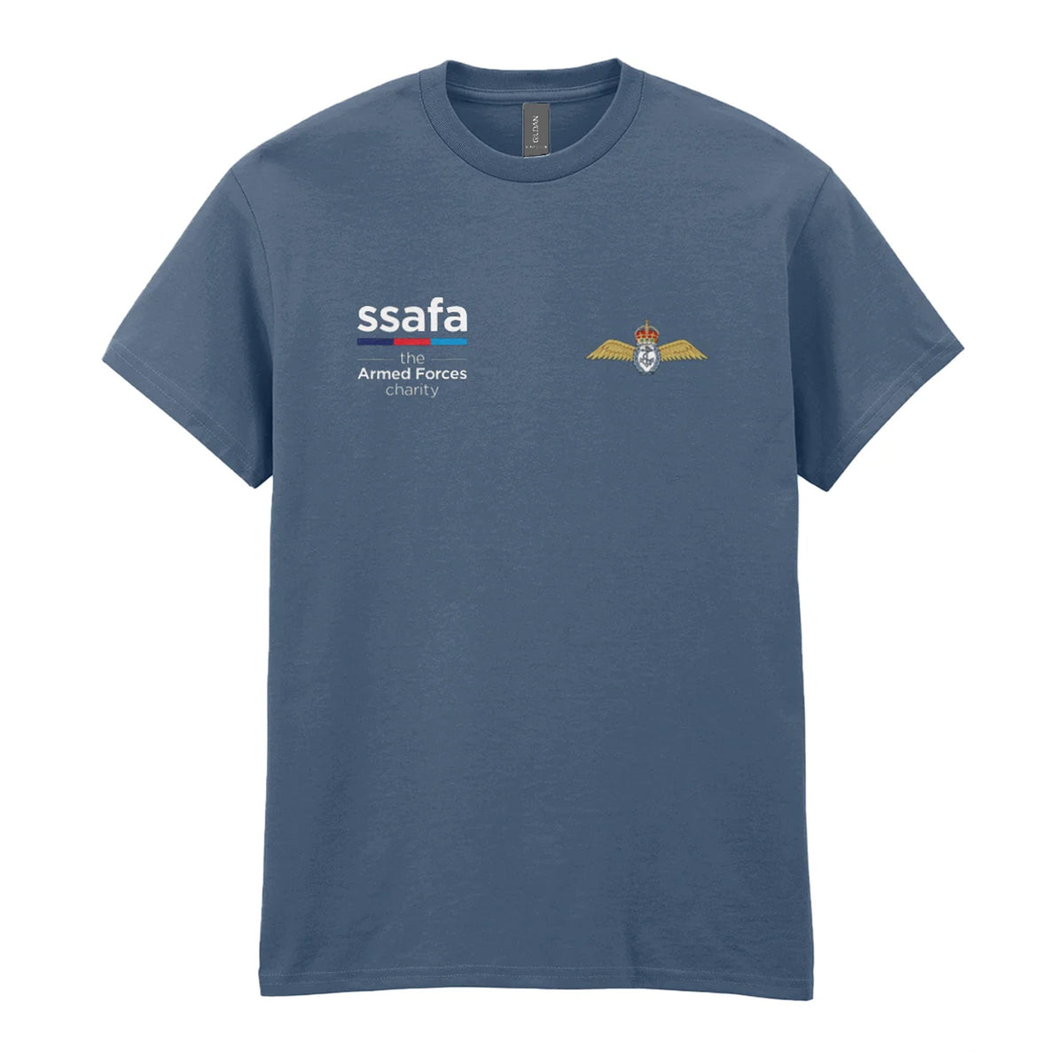 An indigo blue t-shirt showing an MOD licensed Fleet Air Arm (King's Crown)  insignia to left chest and SSAFA logo to right chest.