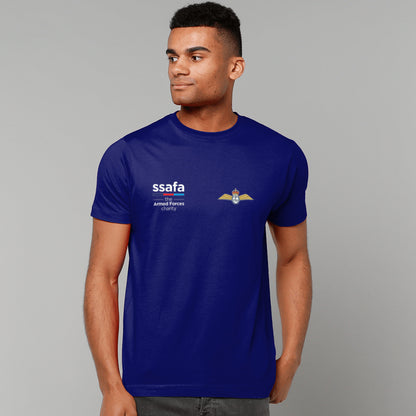 A man wearing a navy t-shirt showing an MOD licensed Fleet Air Arm (King's Crown)  insignia to left chest and SSAFA logo to right chest.