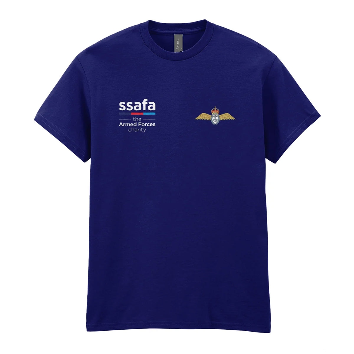 A navy t-shirt showing an MOD licensed Fleet Air Arm (King's Crown)  insignia to left chest and SSAFA logo to right chest.