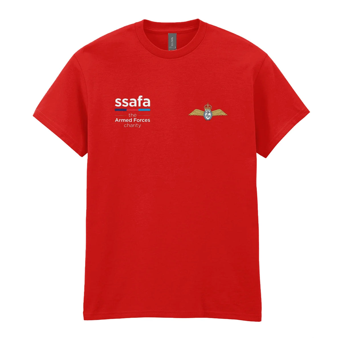 A red t-shirt showing an MOD licensed Fleet Air Arm (King's Crown)  insignia to left chest and SSAFA logo to right chest.