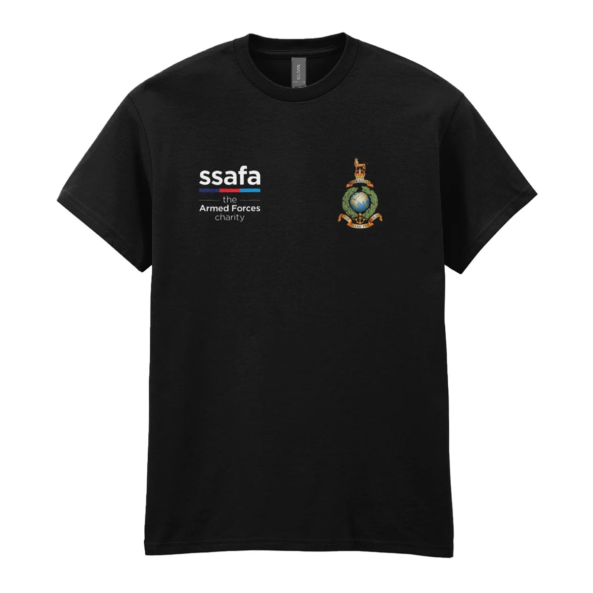 A black t-shirt showing an MOD licensed Royal Marines (King's Crown) insignia to left chest and SSAFA logo to right chest.