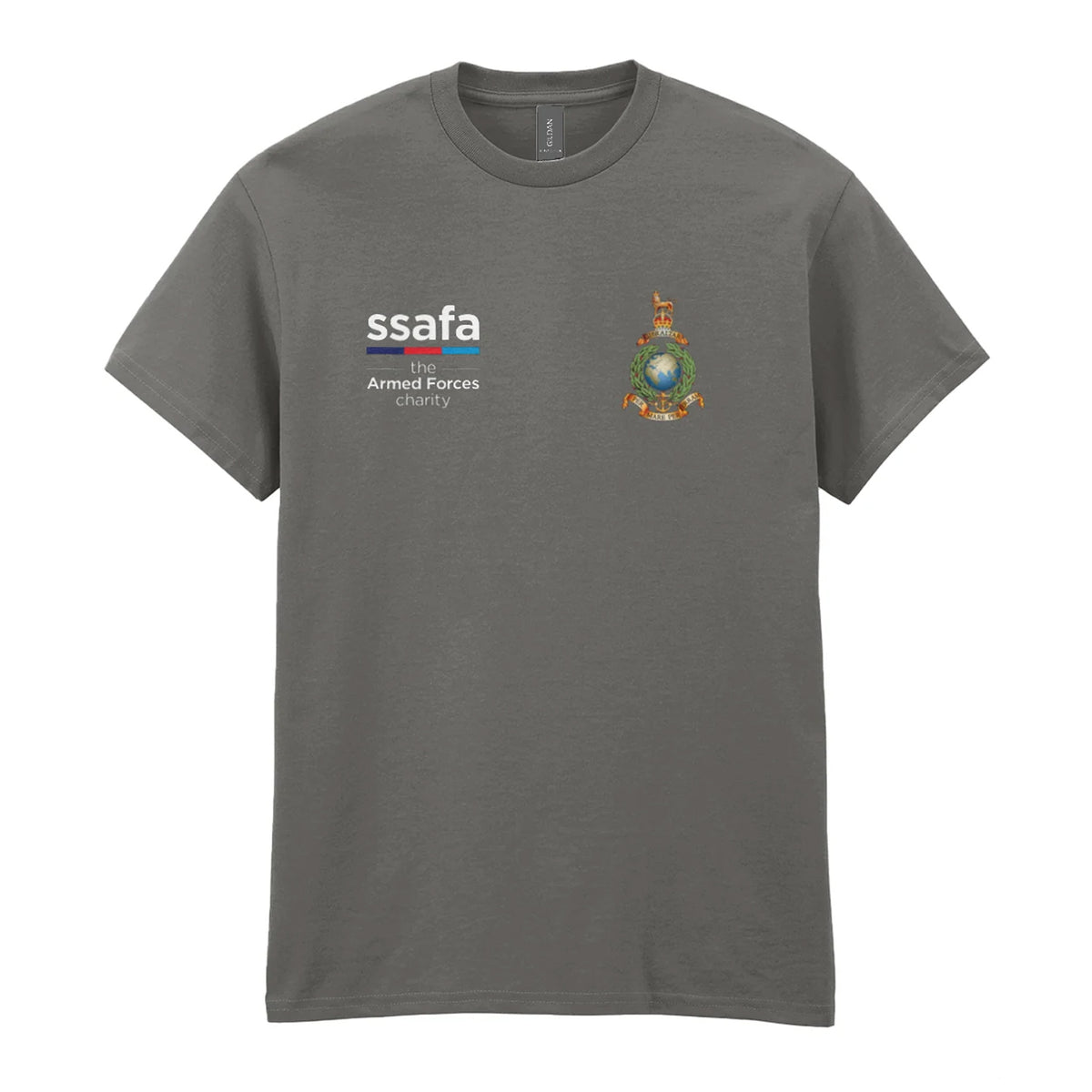 A charcoal t-shirt showing an MOD licensed Royal Marines (King's Crown) insignia to left chest and SSAFA logo to right chest.