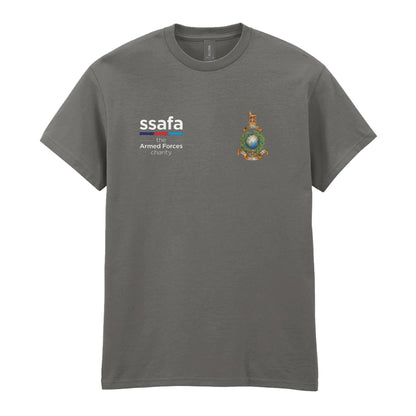 A charcoal t-shirt showing an MOD licensed Royal Marines (King's Crown) insignia to left chest and SSAFA logo to right chest.