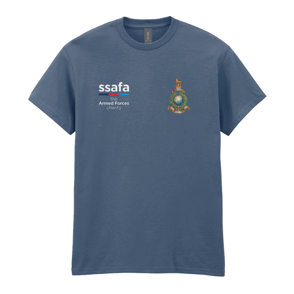 An indigo blue t-shirt showing an MOD licensed Royal Marines (King's Crown) insignia to left chest and SSAFA logo to right chest.