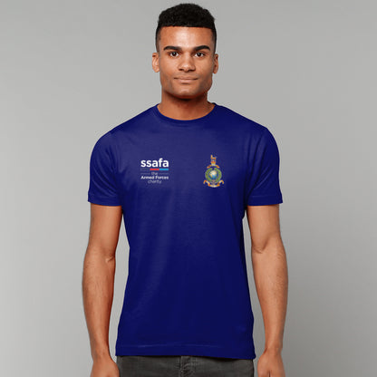 A man wearing a navy t-shirt showing an MOD licensed Royal Marines (King's Crown) insignia to left chest and SSAFA logo to right chest.