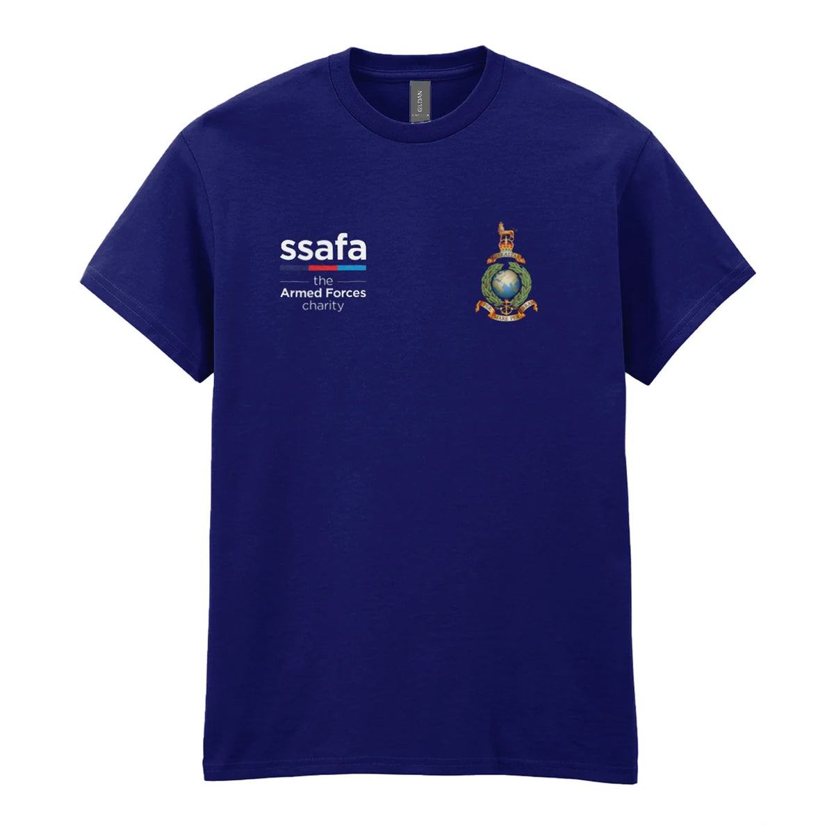 A navy t-shirt showing an MOD licensed Royal Marines (King's Crown) insignia to left chest and SSAFA logo to right chest.