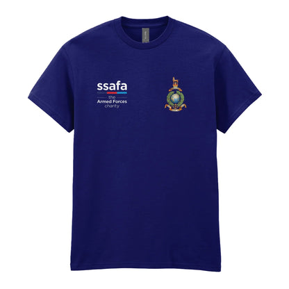 A navy t-shirt showing an MOD licensed Royal Marines (King's Crown) insignia to left chest and SSAFA logo to right chest.