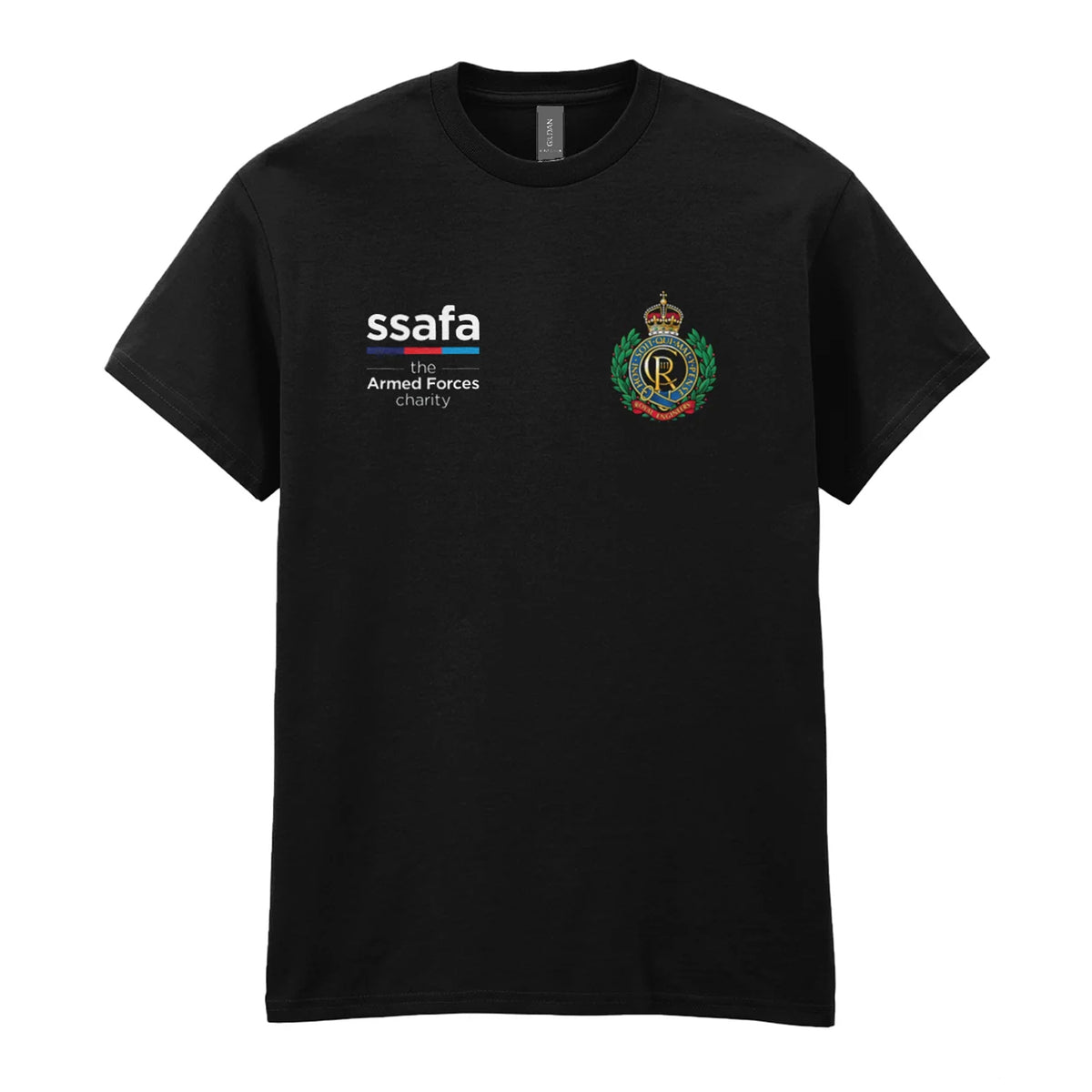 A black t-shirt showing an MOD licensed Royal Engineers (King's Crown) insignia to left chest and SSAFA logo to right chest.