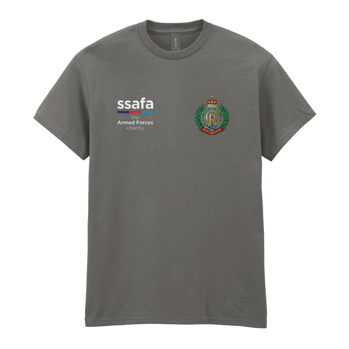 A charcoal t-shirt showing an MOD licensed Royal Engineers (King's Crown) insignia to left chest and SSAFA logo to right chest.