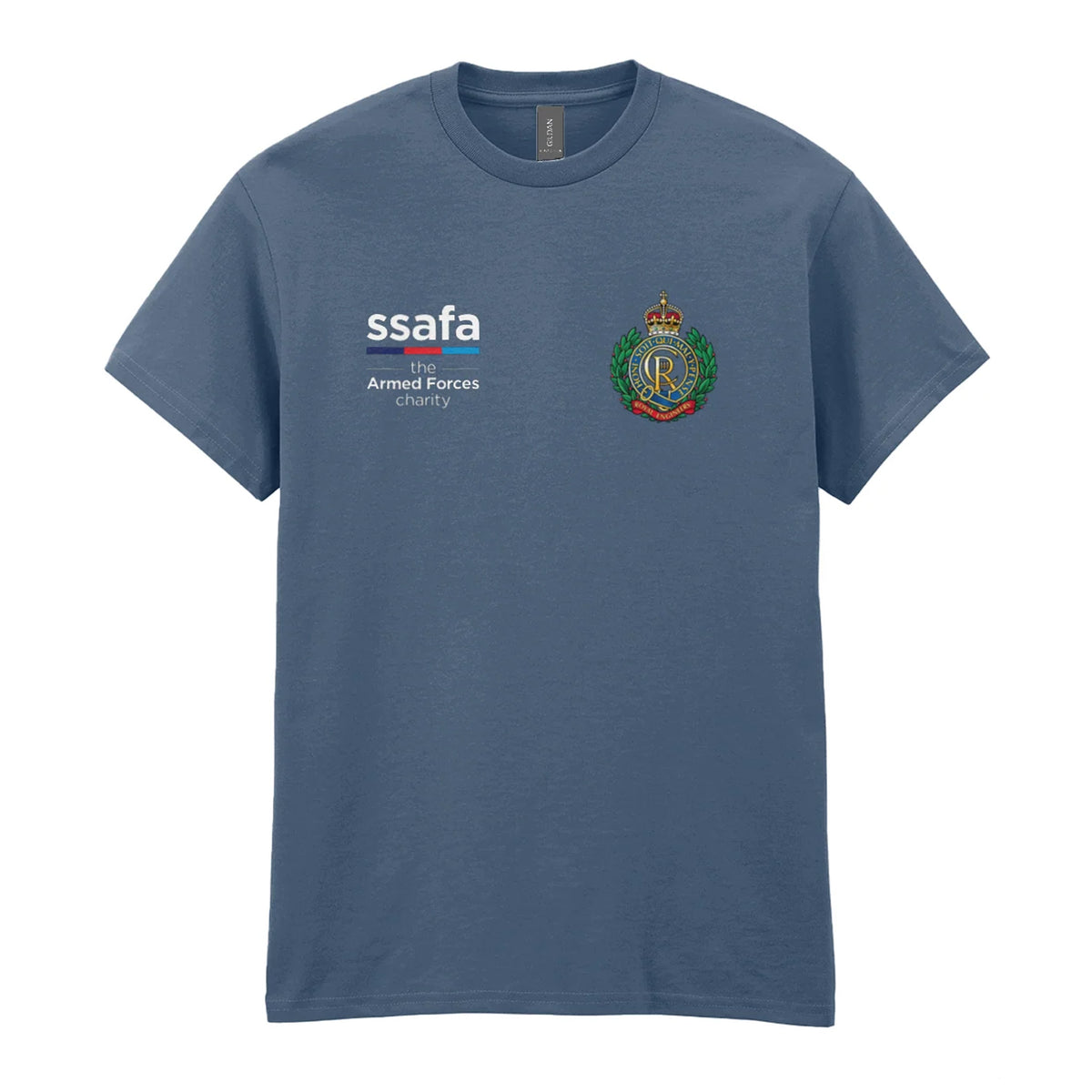 An indigo blue t-shirt showing an MOD licensed Royal Engineers (King's Crown) insignia to left chest and SSAFA logo to right chest.