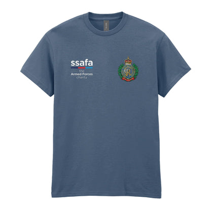 An indigo blue t-shirt showing an MOD licensed Royal Engineers (King's Crown) insignia to left chest and SSAFA logo to right chest.