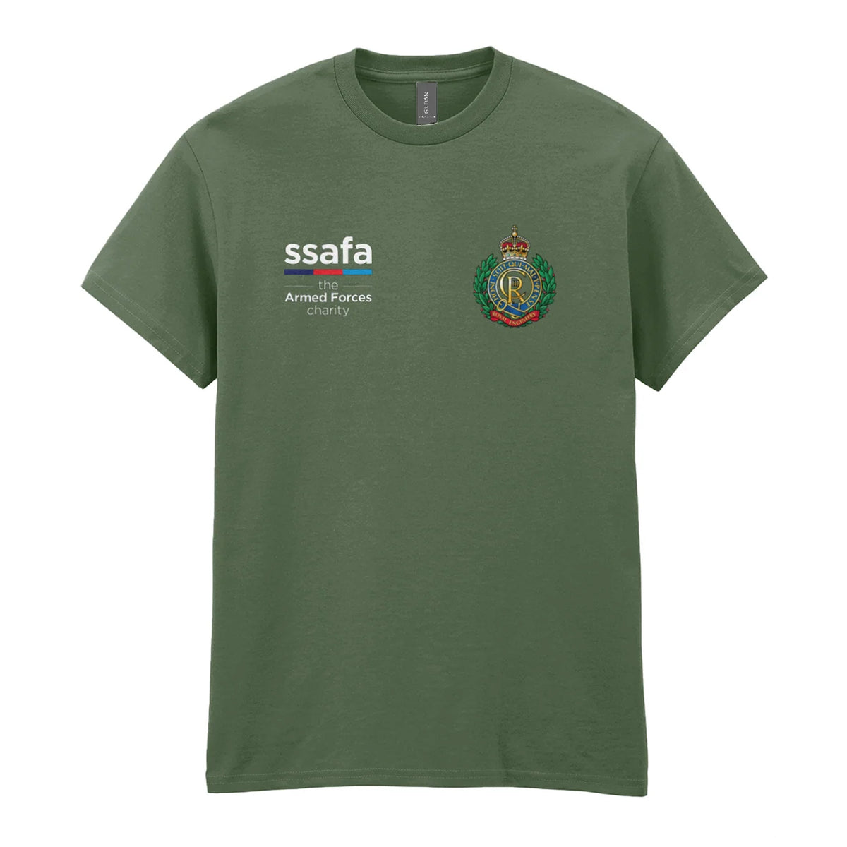 A military green t-shirt showing an MOD licensed Royal Engineers (King's Crown) insignia to left chest and SSAFA logo to right chest.