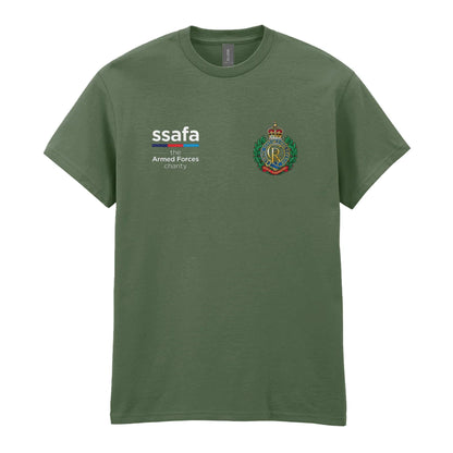 A military green t-shirt showing an MOD licensed Royal Engineers (King's Crown) insignia to left chest and SSAFA logo to right chest.