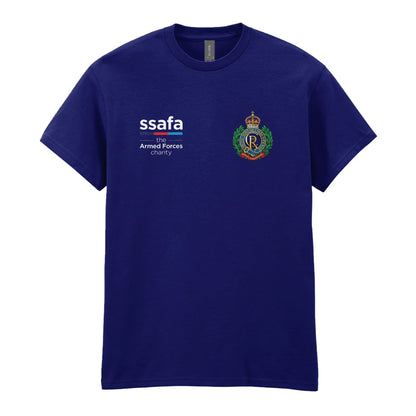 A navy t-shirt showing an MOD licensed Royal Engineers (King's Crown) insignia to left chest and SSAFA logo to right chest.