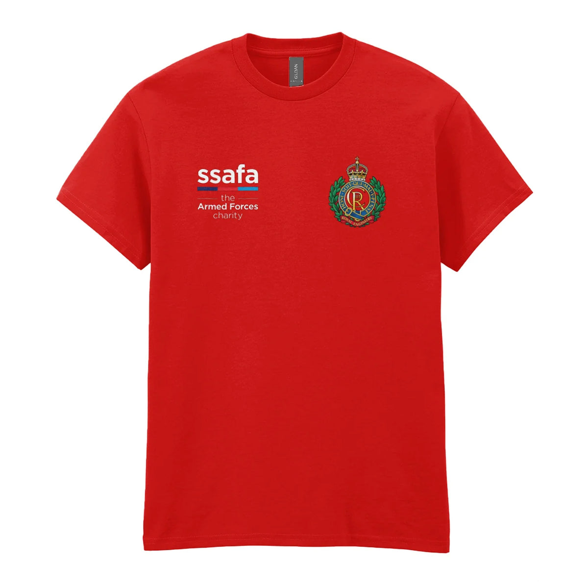 A red t-shirt showing an MOD licensed Royal Engineers (King's Crown) insignia to left chest and SSAFA logo to right chest.