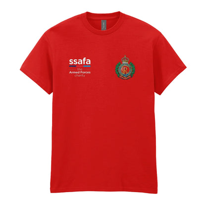 A red t-shirt showing an MOD licensed Royal Engineers (King's Crown) insignia to left chest and SSAFA logo to right chest.