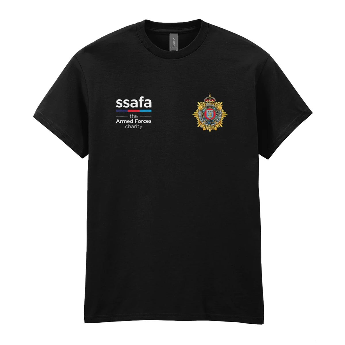 A black t-shirt showing an MOD licensed Royal Logistics Corps (King's Crown) insignia to left chest and SSAFA logo to right chest.
