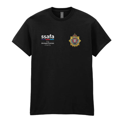 A black t-shirt showing an MOD licensed Royal Logistics Corps (King's Crown) insignia to left chest and SSAFA logo to right chest.