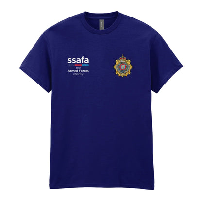 A navy t-shirt showing an MOD licensed Royal Logistics Corps (King's Crown) insignia to left chest and SSAFA logo to right chest.