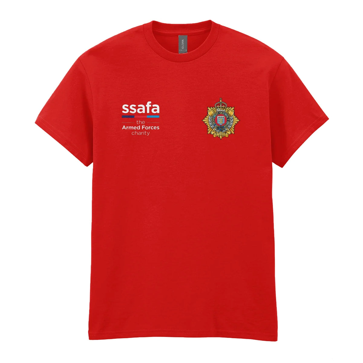 A red t-shirt showing an MOD licensed Royal Logistics Corps (King's Crown) insignia to left chest and SSAFA logo to right chest.