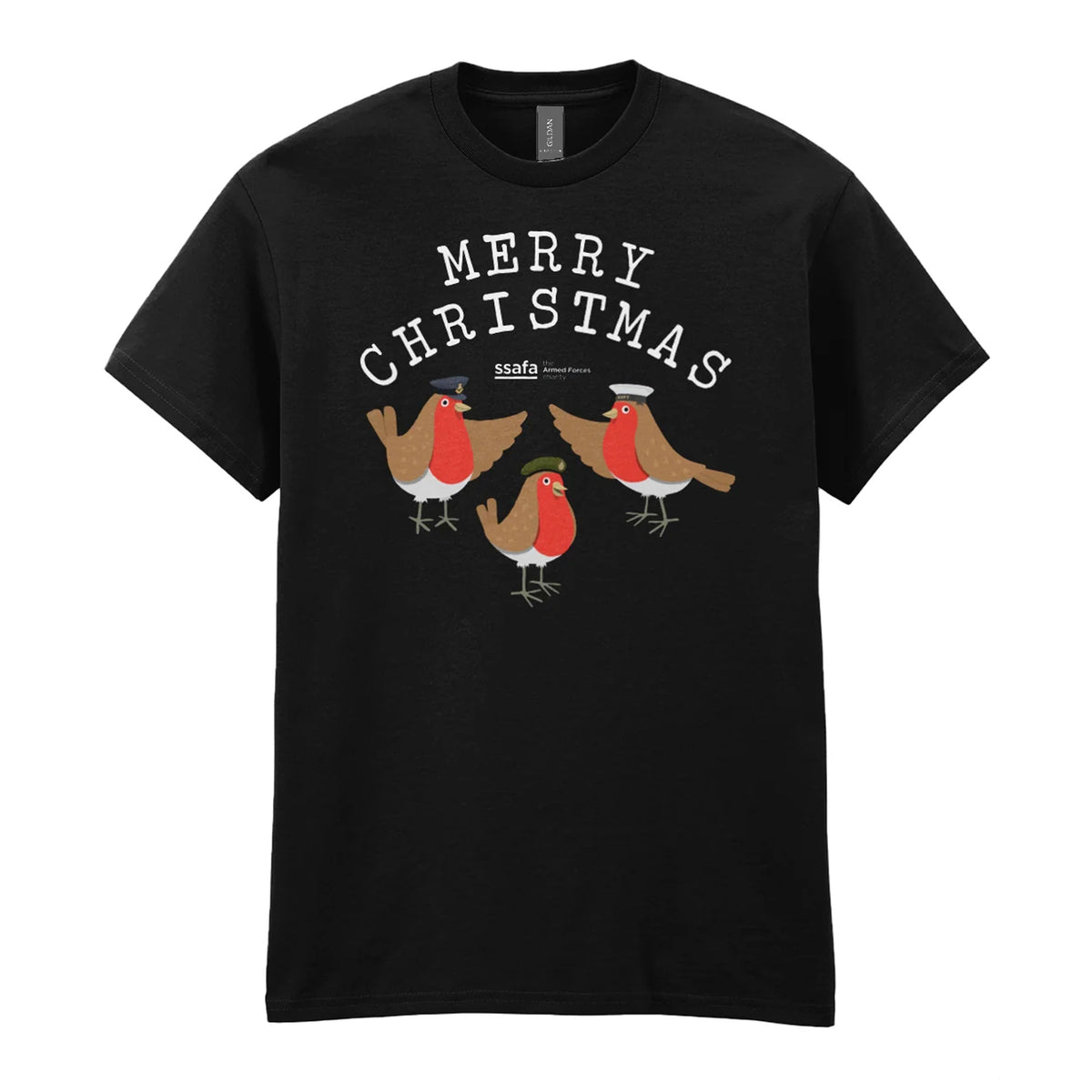 A black crewneck t-shirt featuring a 'MERRY CHRISTMAS' graphic with three cartoon robins underneath wearing Army, Royal Navy and RAF military hats.