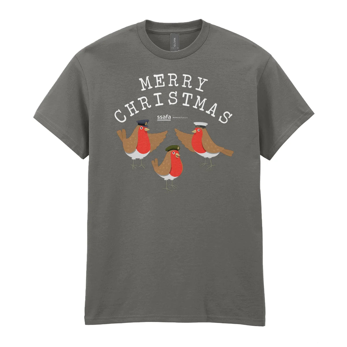 A charcoal crewneck t-shirt featuring a 'MERRY CHRISTMAS' graphic with three cartoon robins underneath wearing Army, Royal Navy and RAF military hats.