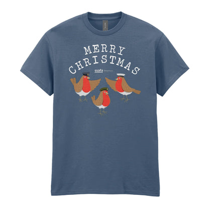 A indigo blue crewneck t-shirt featuring a 'MERRY CHRISTMAS' graphic with three cartoon robins underneath wearing Army, Royal Navy and RAF military hats.