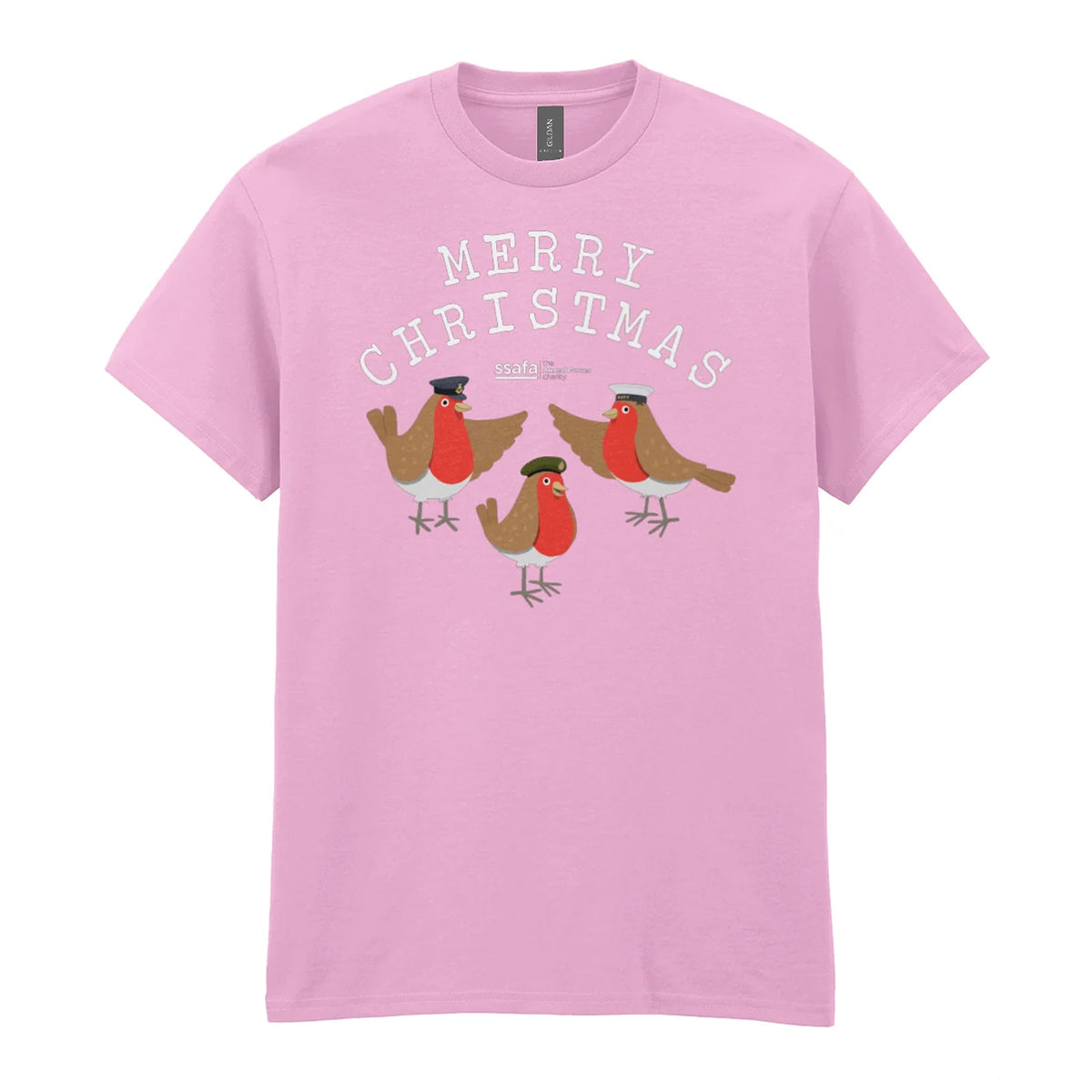 A light pink crewneck t-shirt featuring a 'MERRY CHRISTMAS' graphic with three cartoon robins underneath wearing Army, Royal Navy and RAF military hats.