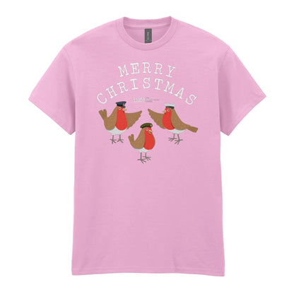 A light pink crewneck t-shirt featuring a 'MERRY CHRISTMAS' graphic with three cartoon robins underneath wearing Army, Royal Navy and RAF military hats.