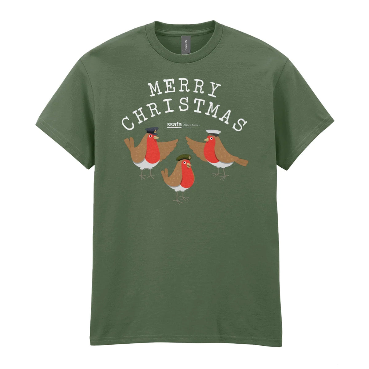 A military green crewneck t-shirt featuring a 'MERRY CHRISTMAS' graphic with three cartoon robins underneath wearing Army, Royal Navy and RAF military hats.