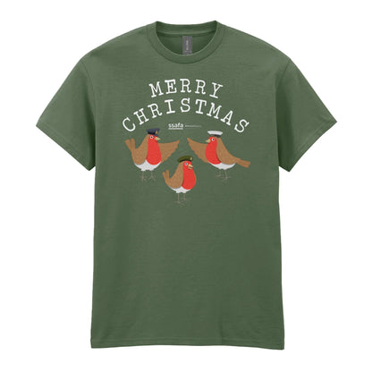 A military green crewneck t-shirt featuring a 'MERRY CHRISTMAS' graphic with three cartoon robins underneath wearing Army, Royal Navy and RAF military hats.