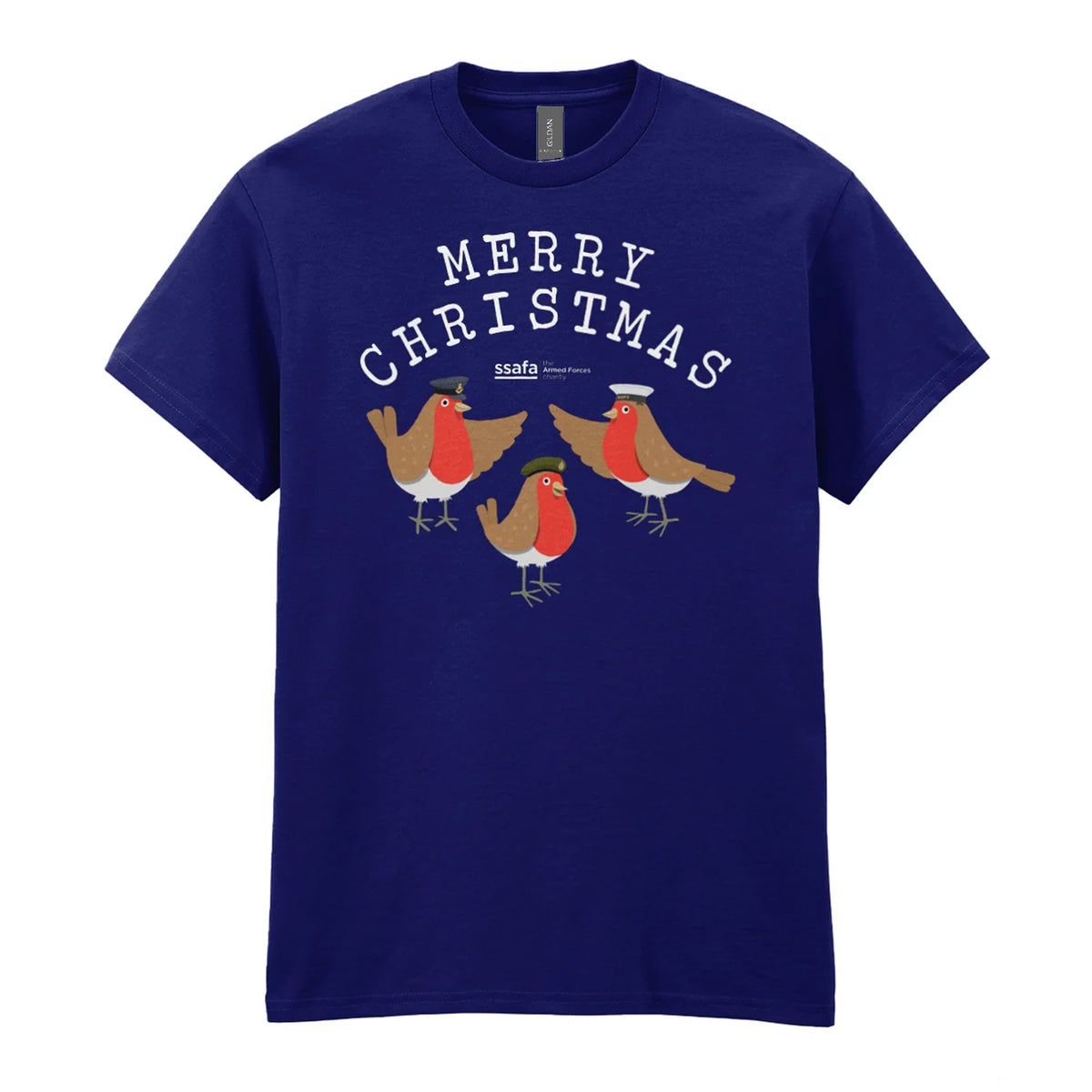 A navy crewneck t-shirt featuring a 'MERRY CHRISTMAS' graphic with three cartoon robins underneath wearing Army, Royal Navy and RAF military hats.