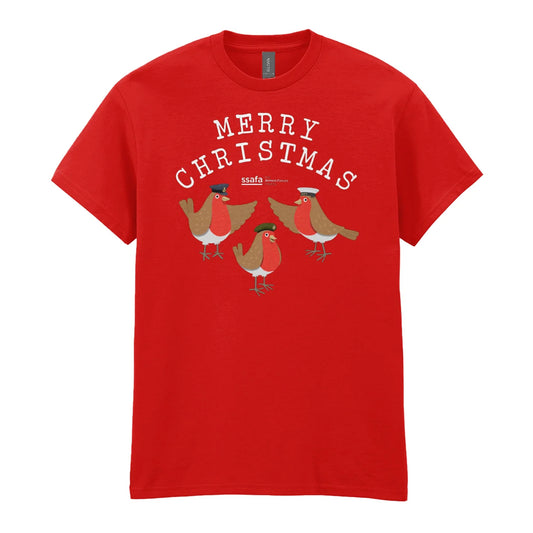 A red crewneck t-shirt featuring a 'MERRY CHRISTMAS' graphic with three cartoon robins underneath wearing Army, Royal Navy and RAF military hats.