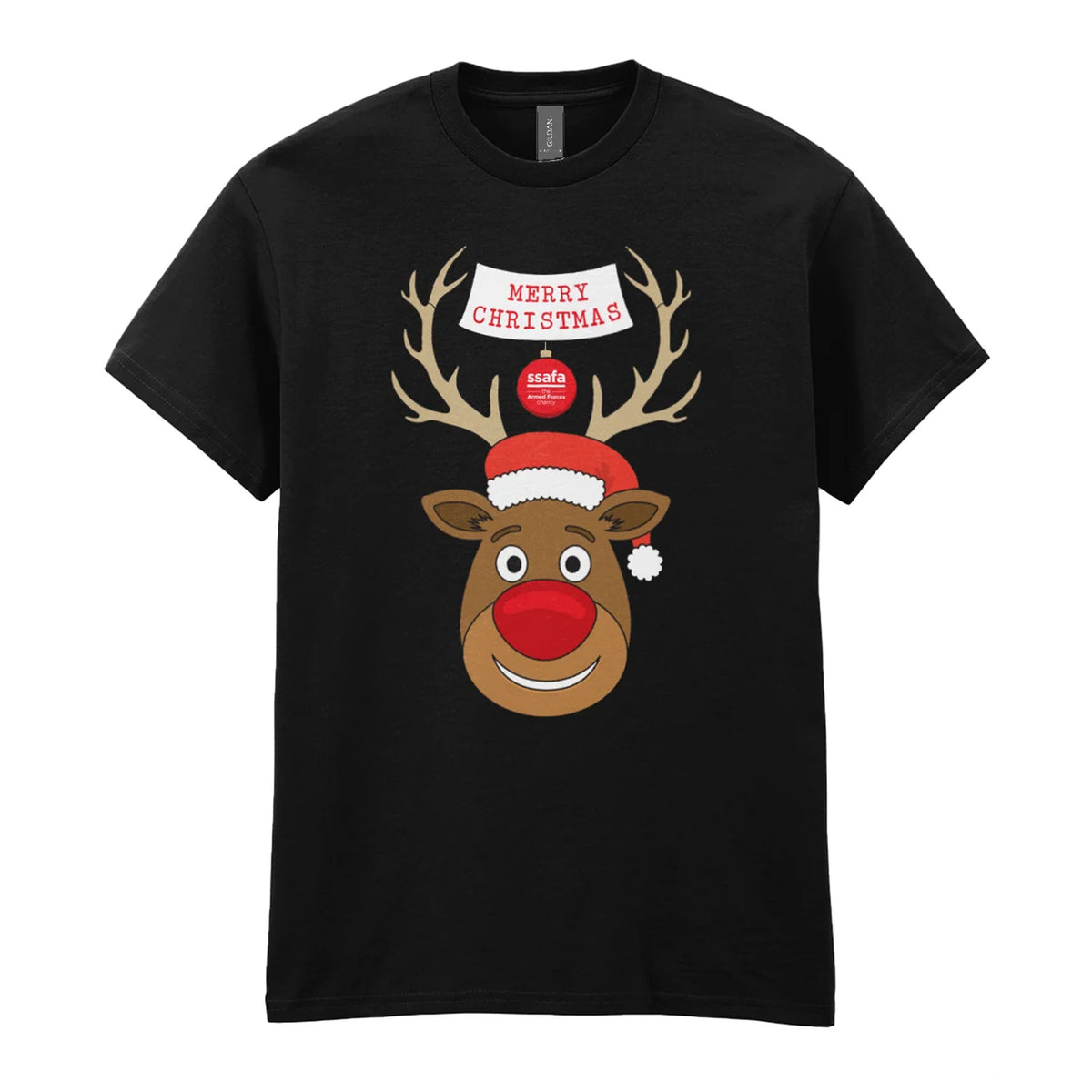 A black short-sleeve crewneck t-shirt featuring a cartoon graphic of a reindeer with brown antlers, a red nose, a Santa hat, and a banner that reads 'MERRY CHRISTMAS'.