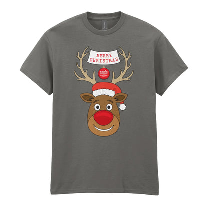 A charcoal short-sleeve crewneck t-shirt featuring a cartoon graphic of a reindeer with brown antlers, a red nose, a Santa hat, and a banner that reads 'MERRY CHRISTMAS'.