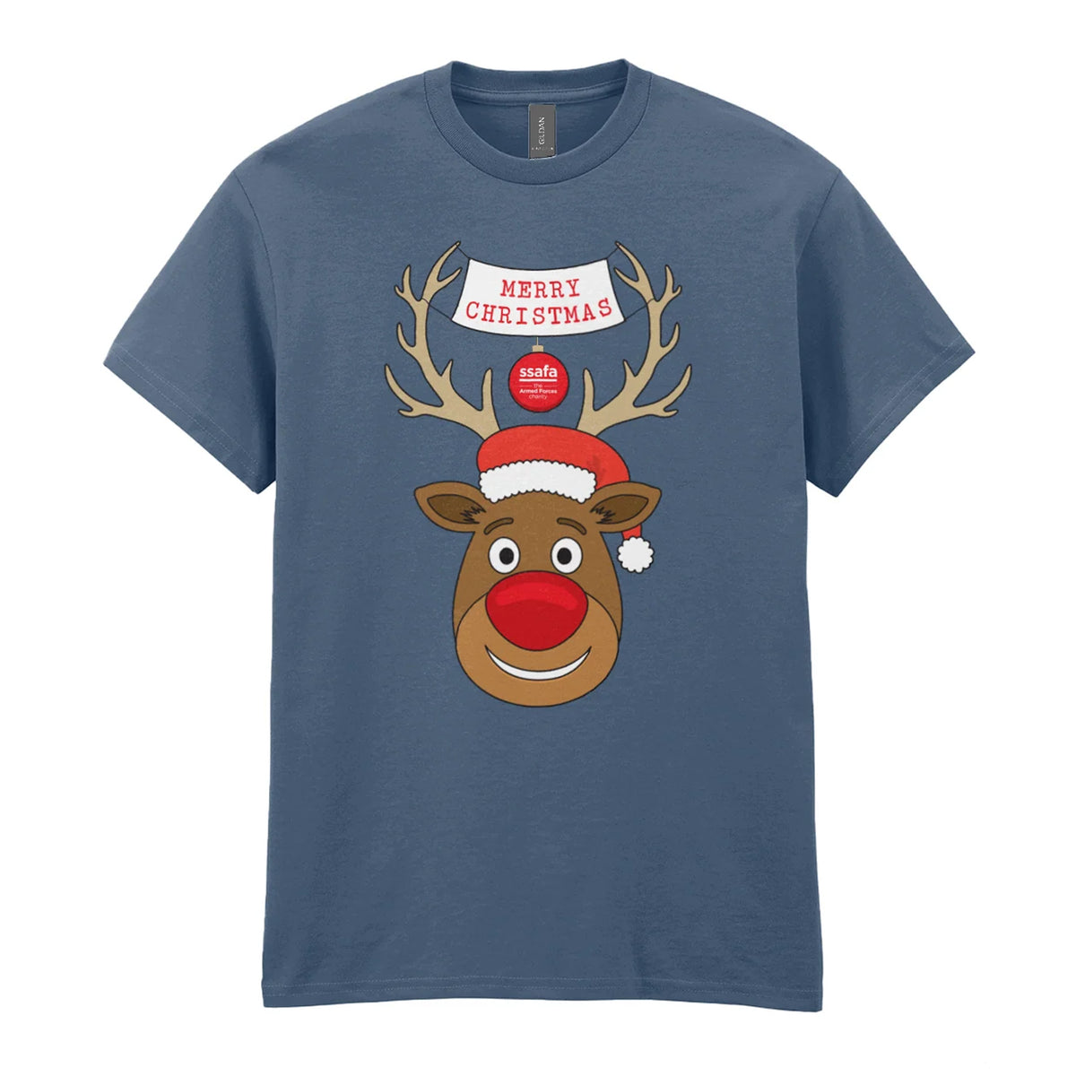 A indigo blue short-sleeve crewneck t-shirt featuring a cartoon graphic of a reindeer with brown antlers, a red nose, a Santa hat, and a banner that reads 'MERRY CHRISTMAS'.