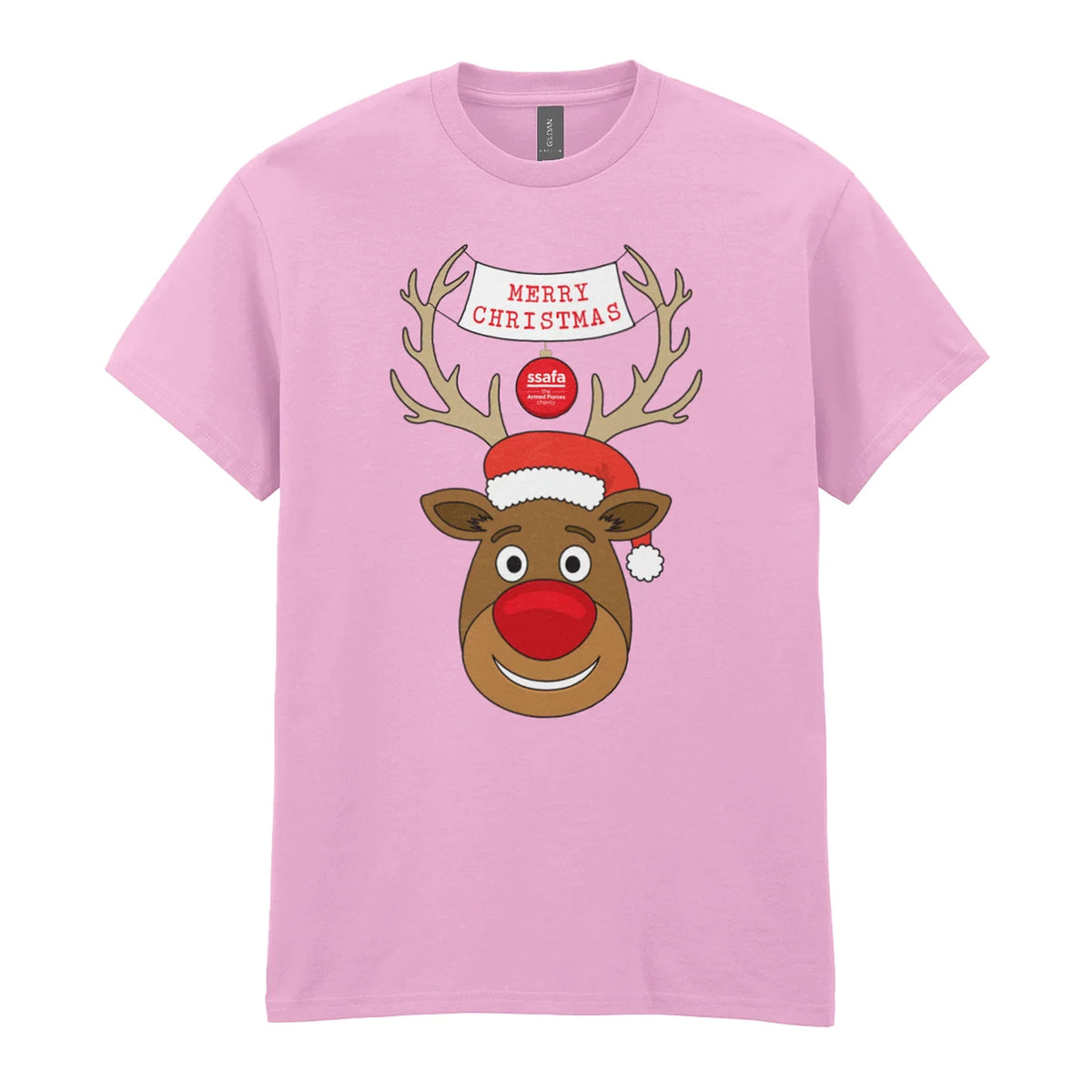 A light pink short-sleeve crewneck t-shirt featuring a cartoon graphic of a reindeer with brown antlers, a red nose, a Santa hat, and a banner that reads 'MERRY CHRISTMAS'.