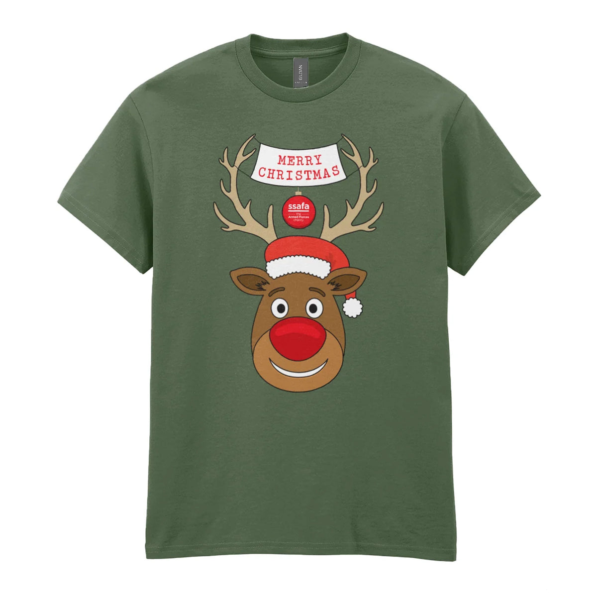 A military green short-sleeve crewneck t-shirt featuring a cartoon graphic of a reindeer with brown antlers, a red nose, a Santa hat, and a banner that reads 'MERRY CHRISTMAS'.