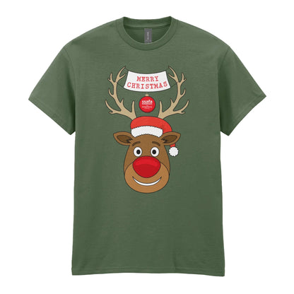 A military green short-sleeve crewneck t-shirt featuring a cartoon graphic of a reindeer with brown antlers, a red nose, a Santa hat, and a banner that reads 'MERRY CHRISTMAS'.