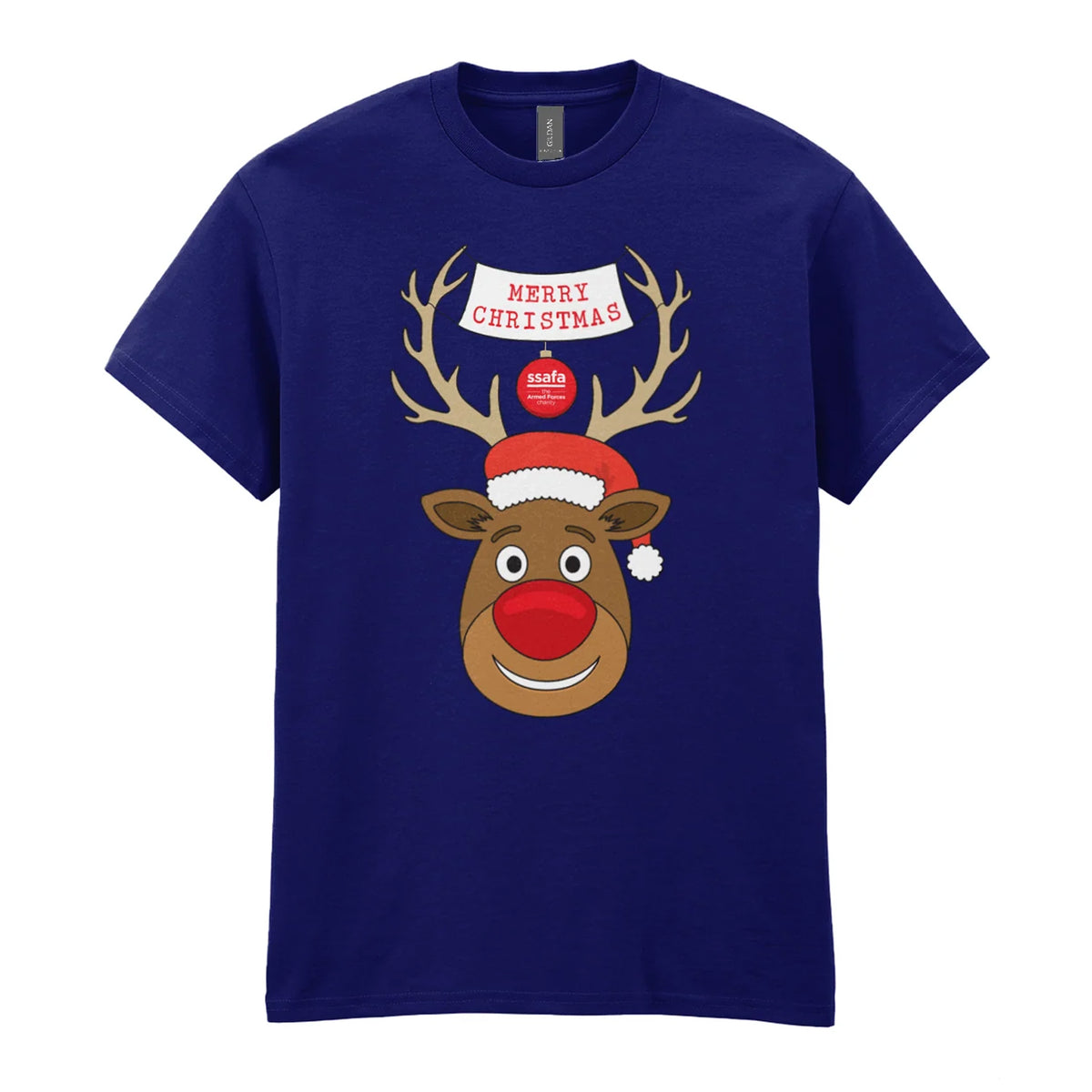 A navy short-sleeve crewneck t-shirt featuring a cartoon graphic of a reindeer with brown antlers, a red nose, a Santa hat, and a banner that reads 'MERRY CHRISTMAS'.