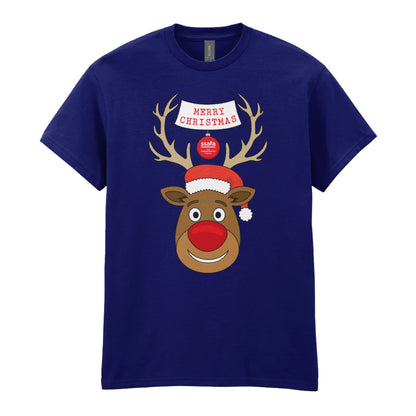 A navy short-sleeve crewneck t-shirt featuring a cartoon graphic of a reindeer with brown antlers, a red nose, a Santa hat, and a banner that reads 'MERRY CHRISTMAS'.