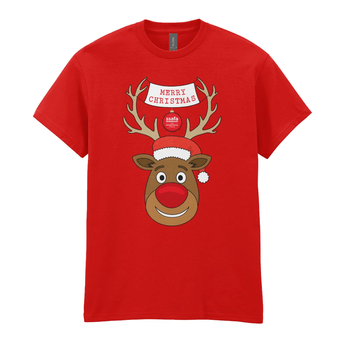 A red short-sleeve crewneck t-shirt featuring a cartoon graphic of a reindeer with brown antlers, a red nose, a Santa hat, and a banner that reads 'MERRY CHRISTMAS'.