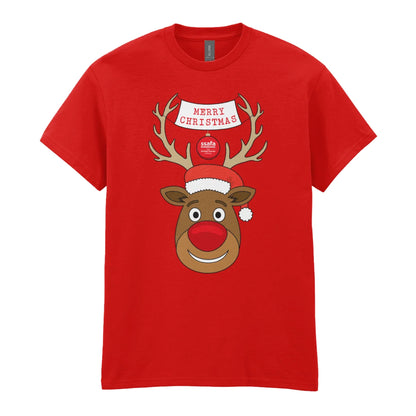 A red short-sleeve crewneck t-shirt featuring a cartoon graphic of a reindeer with brown antlers, a red nose, a Santa hat, and a banner that reads 'MERRY CHRISTMAS'.