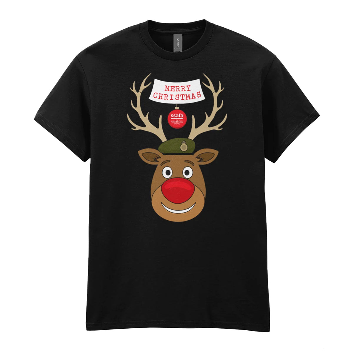 A black short-sleeve crewneck t-shirt featuring a cartoon graphic of a reindeer with brown antlers, a red nose, an Army hat, and a banner that reads 'MERRY CHRISTMAS'.