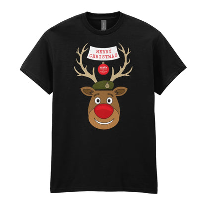 A black short-sleeve crewneck t-shirt featuring a cartoon graphic of a reindeer with brown antlers, a red nose, an Army hat, and a banner that reads 'MERRY CHRISTMAS'.